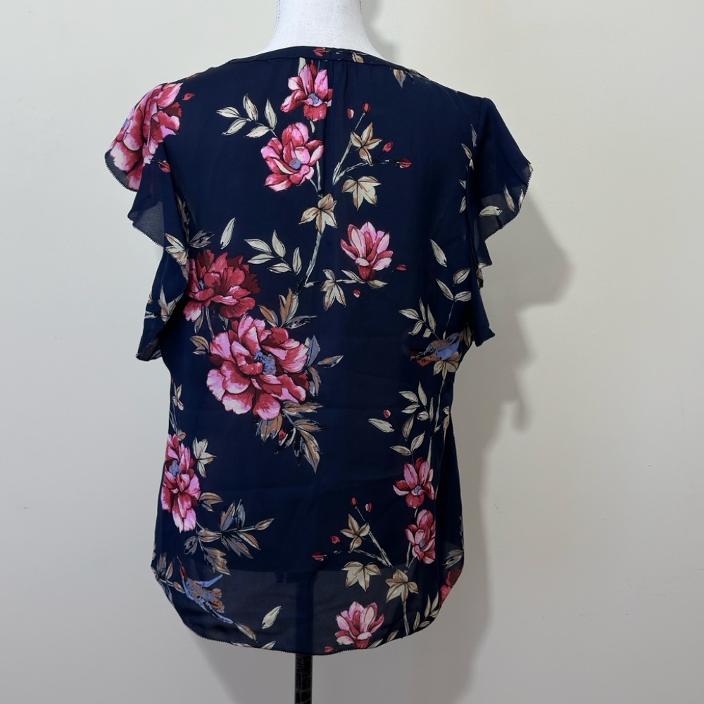 Joie Crisbell 100% Silk Floral Blouse Navy Pink Ruffle Sleeve Top L - Picture 4 of 12